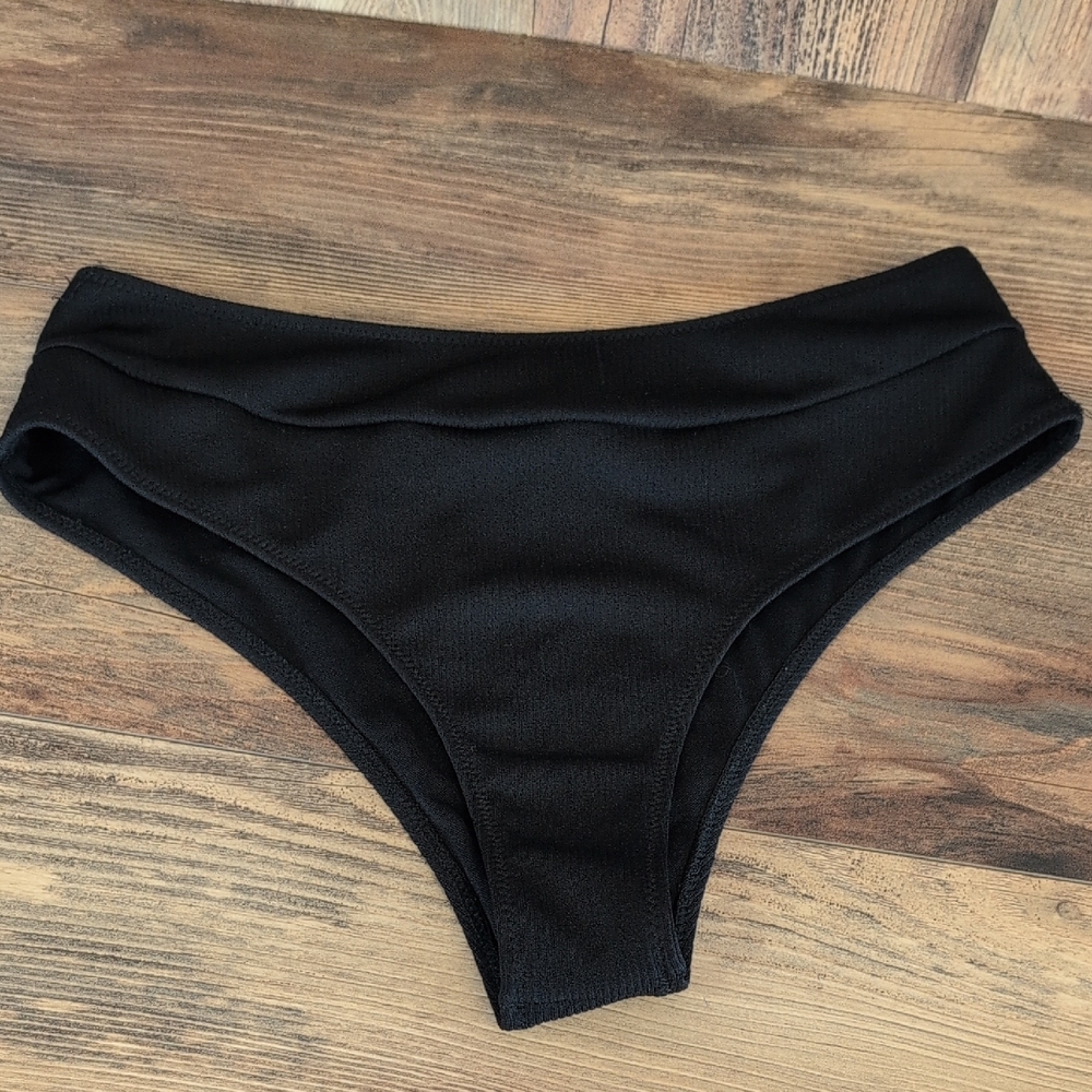 SHEIN Black Ribbed Cheeky High Waist Swim Bottom L       P437
